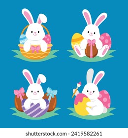 Easter bunny. Modern egg, bunnies for kids. Rabbit or hare, spring festive animal. Cute cartoon holiday vector illustration. Character design. Design elements.