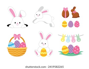 Easter bunny. Modern egg, bunnies for kids. Rabbit or hare, spring festive animal. Cute cartoon holiday vector illustration. Character design. Design elements.