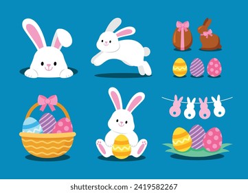 Easter bunny. Modern egg, bunnies for kids. Rabbit or hare, spring festive animal. Cute cartoon holiday vector illustration. Character design. Design elements.