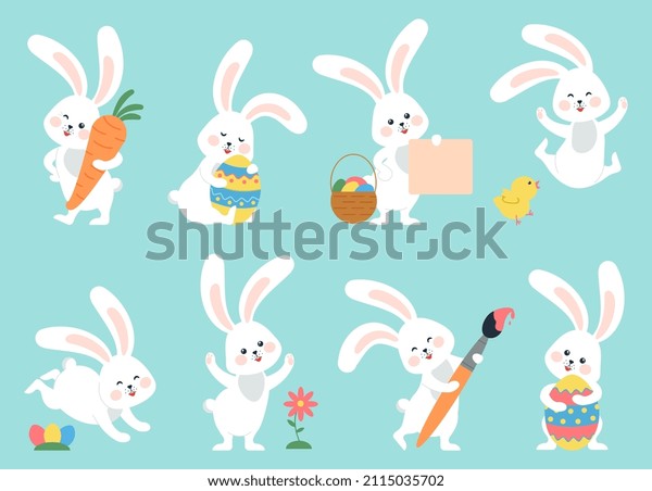 Easter bunny. Modern egg,\
bunnies for kids standing with placard. Rabbit or hare, spring\
festive animal with flower and chick. Cartoon holiday decent vector\
character