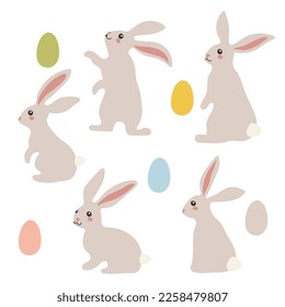 Easter bunny. Modern egg, rabbits for children, standing with a poster. Rabbit or hare, a spring festive animal with Easter eggs. Cartoon festive simple vector character. Grey rabbit and colored eggs