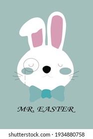 Easter bunny in monocle. Pink ears, neckcloth, greeting card. Isolated on light background. Vector graphics