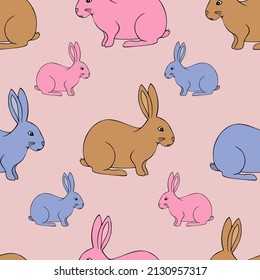 Easter Bunny. Multicolored hares. Seamless vector pattern. Eared pet. Cartoon style. Repeating children's ornament. Isolated pink background. Happy Easter. Idea for web design, packaging, wallpaper