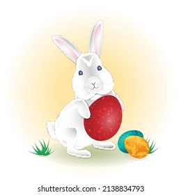 Easter Bunny with multi-colored painted eggs on a yellow background. Easter holiday concept.