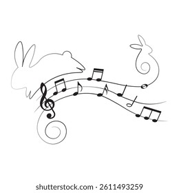 Easter bunny with music notes, wavy musical element, vector illustration.