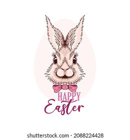 Easter bunny, the muzzle of a pink hare with a bow tie on the background of an Easter egg. Cartoon hare illustration, postcard, congratulation, banner for easter.