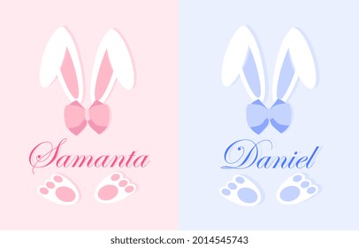 Easter bunny name plate concept. Boy and girl frame. Beautiful long rabbit ears, paws and bow. Clipart for personal invitations. Cartoon modern flat vector collection on pink and blue background