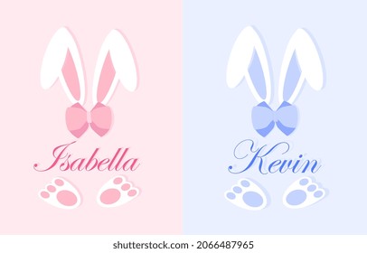 Easter bunny name plate design. First Easter for baby. Colorful greeting cards for girls and boys. Image of rabbit ears and paws with names and bows. Isabella and Kevin. Cartoon flat vector collection