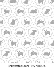 Easter Bunny neutral grey vector seamless pattern. Illustration of spring rabbit in floral wreath for textile or wrapping surface. Happy Easter ornament for Christian spring holidays.