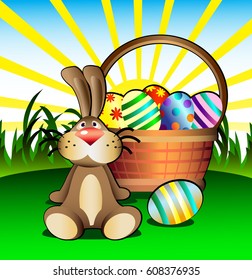 Easter bunny next to basket. Flat style. Vector illustration.