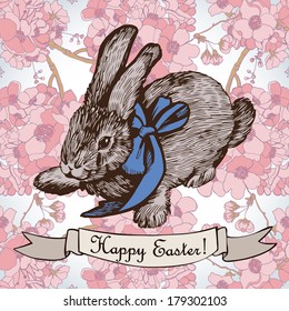 Easter bunny on a background with cherry blossom. Illustration for greeting cards, invitations, and other printing projects.
