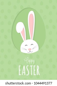 Easter bunny on background with eggs and greetings. Concept of a poster. Vector.