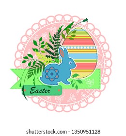Easter Bunny on the background of eggs and greens