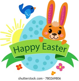 Easter bunny on the background of eggs, congratulation with Easter, sun, bird, bright cheerful picture, vector