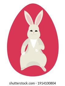 Easter bunny on a background of a red painted egg. Cute little animal Vector stock illustration isolated on white background.