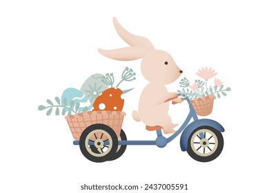 Easter bunny on a bicycle. Basket with Easter eggs. Illustration in retro style. Hand drawn. Vector illustration