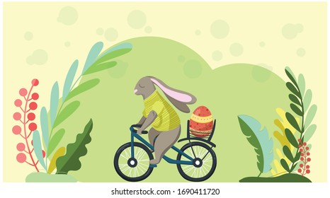 conejito de Pascua en una bicicleta con un verde huevo