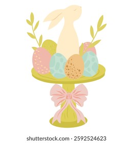 Easter bunny on a cake stand and easter eggs