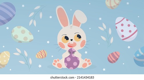 Easter Bunny on a festive panoramic background, card, banner, poster - Vector illustration