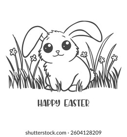 Easter bunny on a field of flowers. Happy Easter card. Sketch, illustration for children's coloring book.