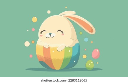 Easter Bunny on a green background. Cartoon rabbit in a colorful eggshell. flat vector illustration