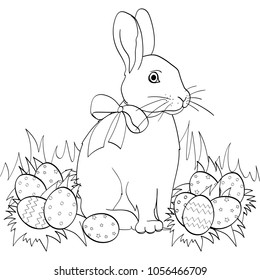 Easter bunny on green grass, Easter eggs. Children coloring book. Black lines, white background illustration