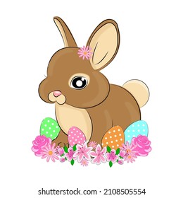 Easter Bunny on Green Grass with Spring Flowers Easter Invitations, Poster, Kids, Baby, Greeting Card Vector Illustration Textile Print for Gift Wrap Card Vector illustration