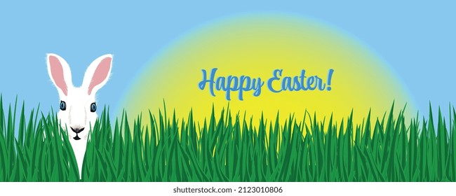 Сute Easter bunny on green grass background. Happy Easter card, banner. Trendy Easter design with typography, eggs and bunny. Modern minimal style. Horizontal poster, greeting card