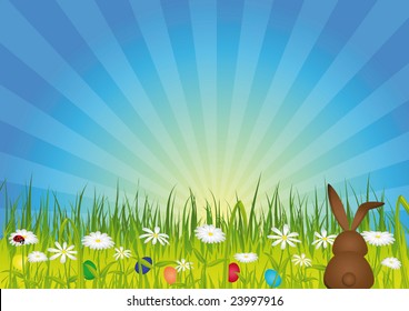 Easter bunny on green meadow with easter eggs and flowers - find jpeg-Version in my portfolio