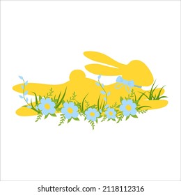 Easter bunny on the lawn with flowers. A yellow rabbit lies in a clearing among flowers. Cartoon vector illustration. Nice spring picture.