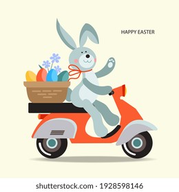 Easter bunny on a moped. Vector illustration. 