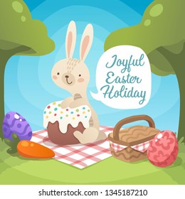 Easter Bunny on the picnic. Easter Rabbit on the picnic in the park. Bunny with Easter eggs and carrot. Vector illustration.