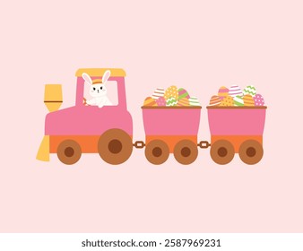 Easter Bunny on a Pink Train and Truck Colorful Easter Egg illustration