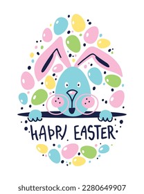 Easter Bunny on a postcard with a welcome text. Easter banner or poster concept in cartoon style. A hare peeking out of a hole. Eggs in pastel colors. Illustration in the shape of an egg.