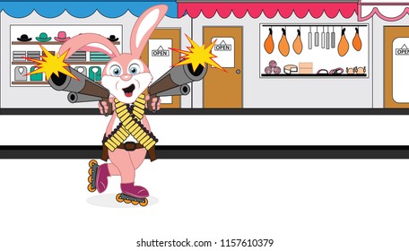 Easter bunny on roller skates shooting a shot gun SS badges  bandit rifle belts bullet holders across his chest shopping mall background
