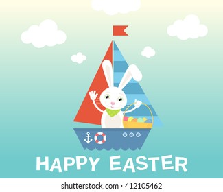Easter bunny on a ship. Happy Easter card with cute bunny