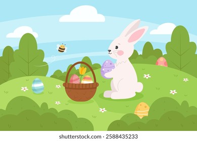 Easter bunny on a spring meadow with colorful eggs. Cute kids’ egg hunt illustration