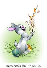 Easter Bunny on a white background with flowers and Easter eggs