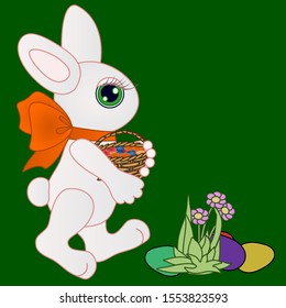 Easter bunny with an orange bow on his neck walks near the flowers, under which colored eggs lie, and holds in his paws a basket with candies, vector clip art on a green background