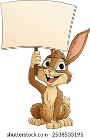 The Easter bunny or other fun rabbit cartoon character holding a sign illustration