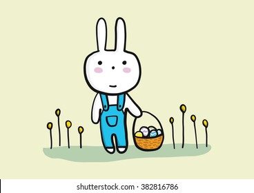 Easter bunny in overalls with Easter eggs basket