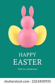 Easter bunny painted chicken eggs 3d greeting card design template realistic vector illustration. Traditional religious holiday festive celebration rabbit bauble eggshell decorative congratulations