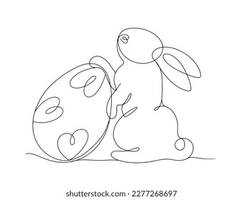 Easter Bunny with a painted egg. Festive one line illustration. One line drawing on Easter theme. For different uses. Vector illustration