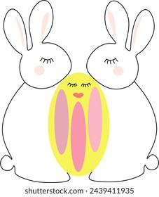 Osterhase mit einem bemalten Ei. Festliche einzeilige Illustration. Eine Linie zum Osterthema. Für verschiedene Anwendungen. Vektorgrafik