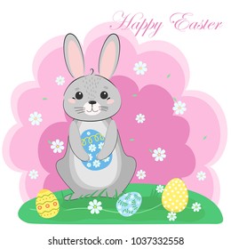 Easter Bunny with painted egg. It's spring. Season celebration. Vector illustration.