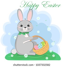 Easter Bunny with painted egg. It's spring. Season celebration. Vector illustration.