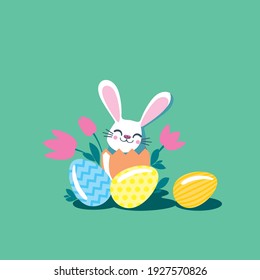 Easter bunny and painted eggs.