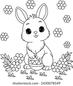 Easter bunny with painted eggs coloring page for kids