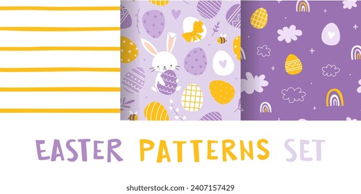 Easter bunny and painted eggs cute pattern set. Purple seamless baby pattern collection for easter textile.