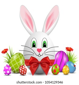 Easter bunny with painted Easter eggs and flowers isolated - vector